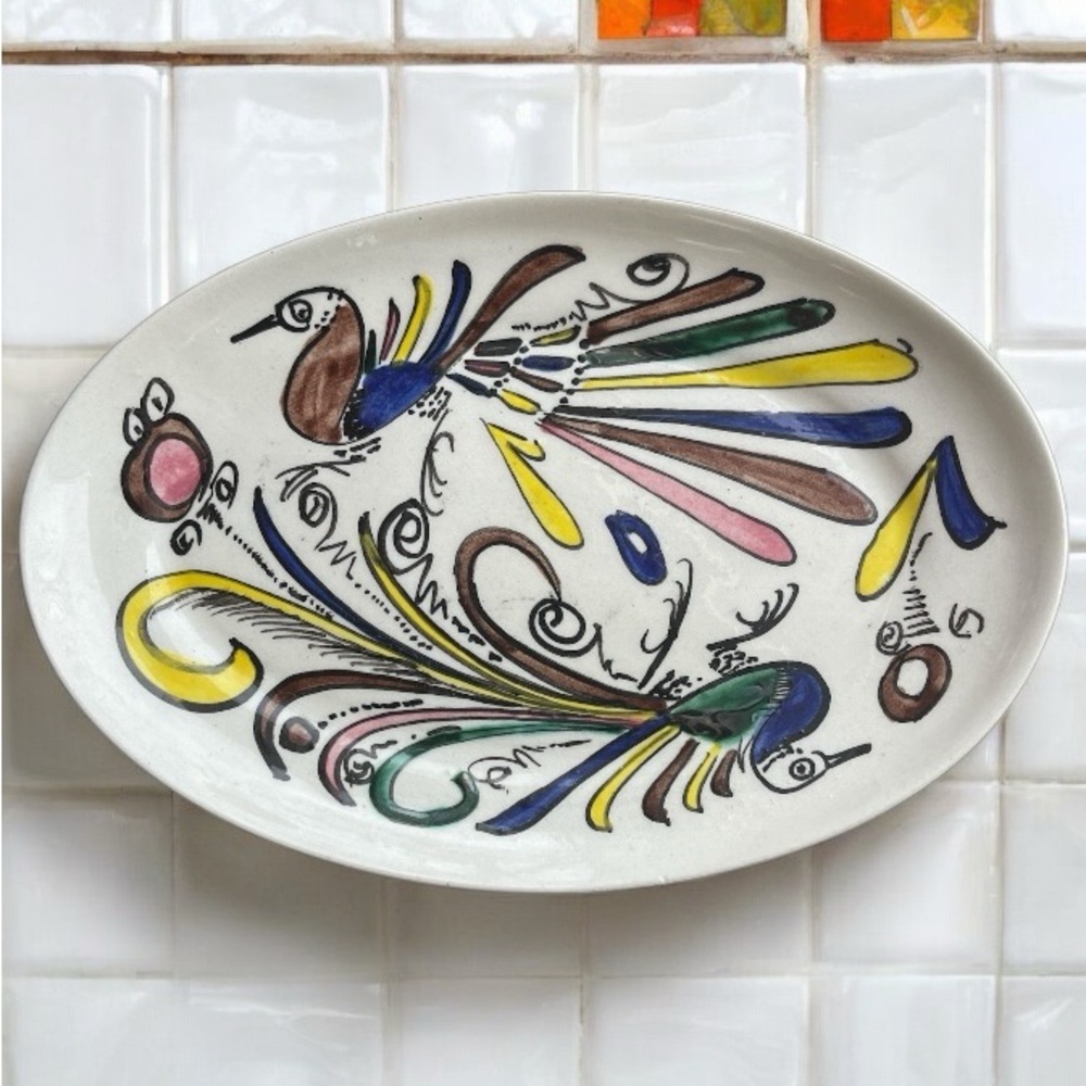 Vintage Hand-Painted Iquala Mexico Double Bird Folk Art Dish